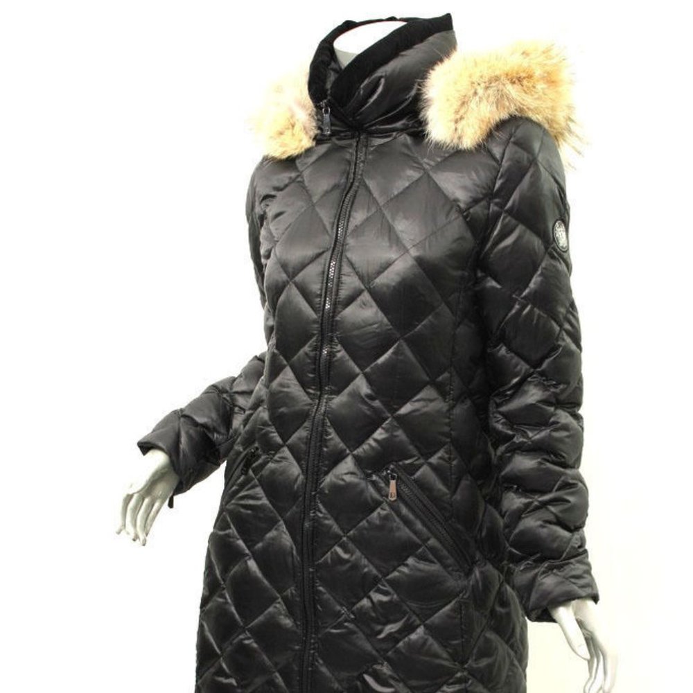 DAWN LEVY Black Kali Coyote Fur Trim Quilted Coat